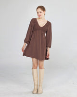 V-Neck Smocked Mini Dress - Choco - noflik