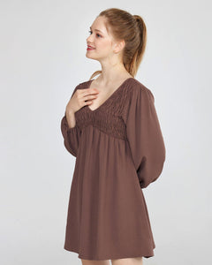 V-Neck Smocked Mini Dress - Choco - noflik