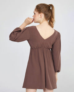 V-Neck Smocked Mini Dress - Choco - noflik