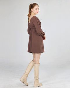 V-Neck Smocked Mini Dress - Choco - noflik