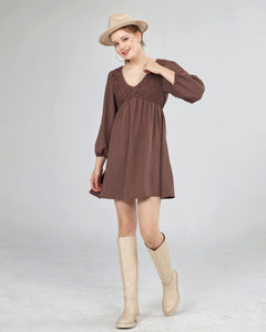 V-Neck Smocked Mini Dress - Choco - noflik