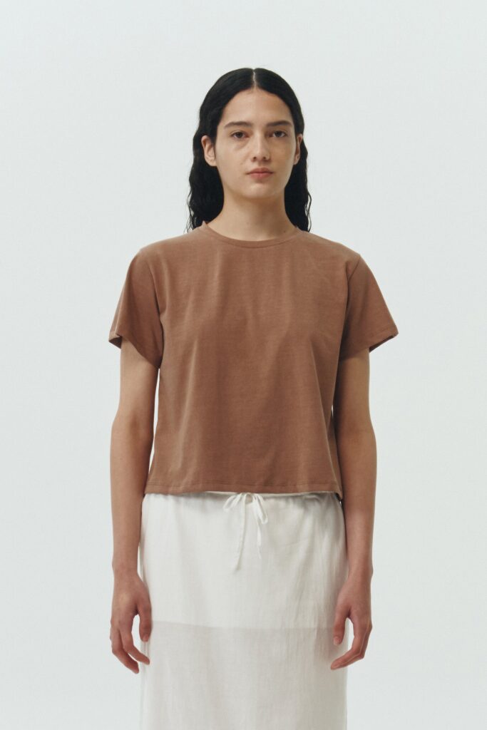 Ivy T-shirt in soft brown, cropped short-sleeve tee in a lightweight cotton-poly blend with crew neck, regular fit, and clean silhouette.