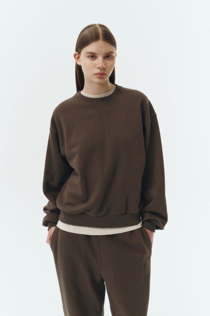 Willow Sweatshirt in chocolate, cotton French terry pullover with crew neck, V-stitch detail, ribbed trims, and a relaxed silhouette.